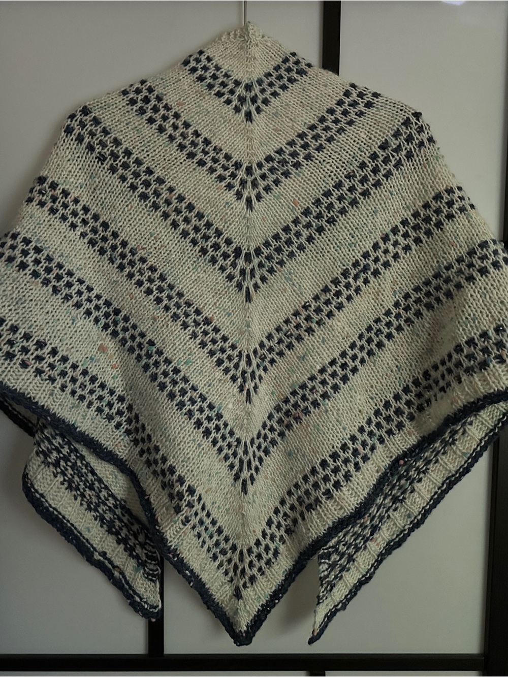 Ivory and Navy Striped Hand-Knit Shawl